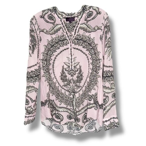 Hale Bob Silk Blouse International Silk Popover Pink Gray Print Women’s Size S - Picture 1 of 8